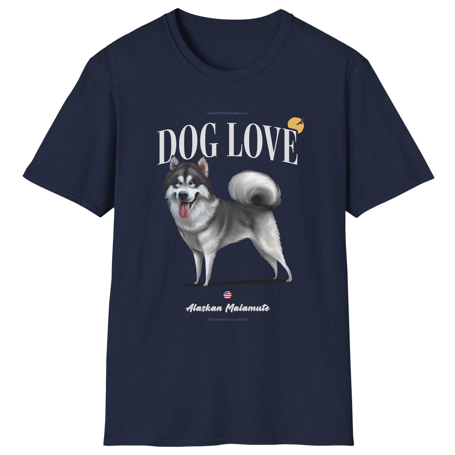 flatlay-canines-alaskan_malamute-gray_white-dog_love-t_shirt-navy