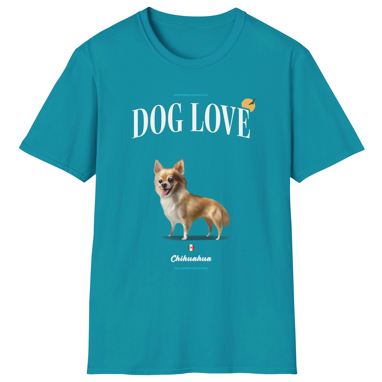 flatlay-canines-chihuahua+deer_head-fawn_white-long_coat-dog_love-t_shirt-tropical_blue