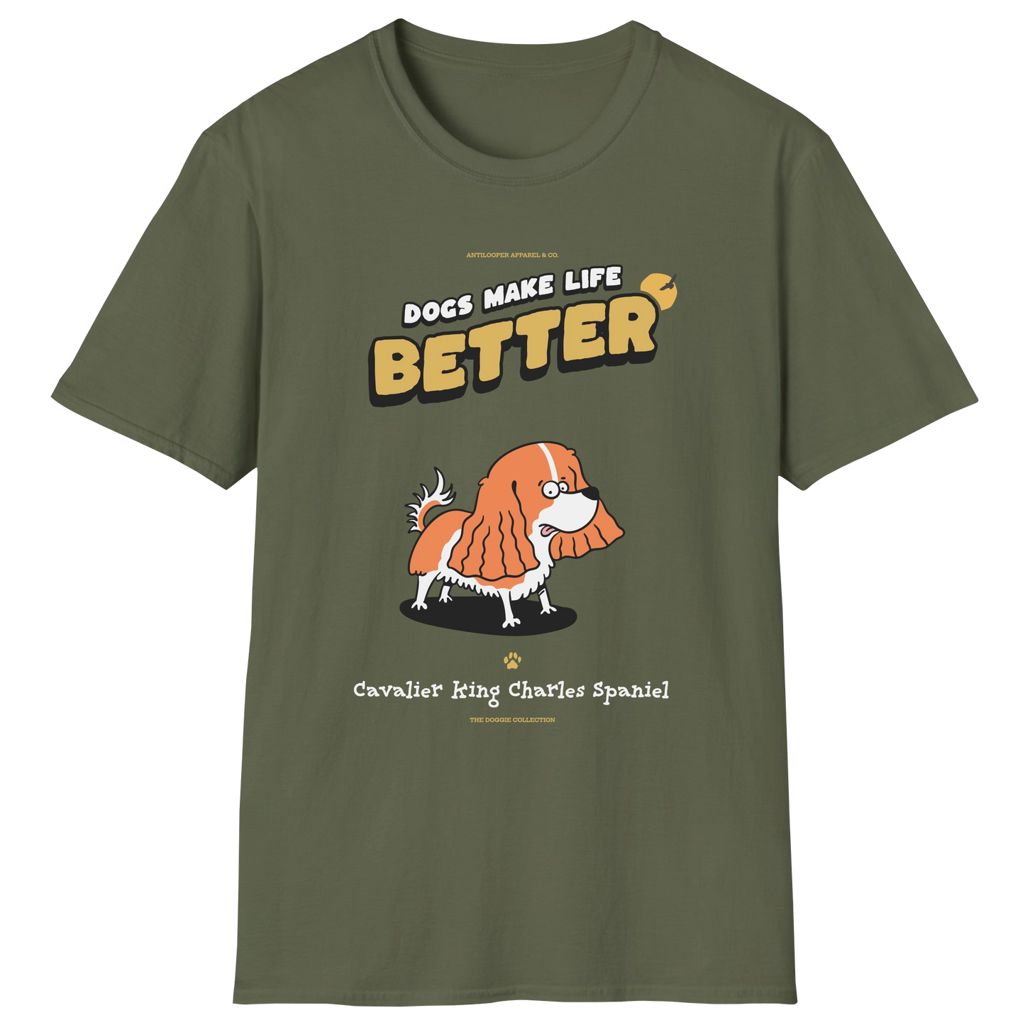 flatlay-doggie-cavalier_king_charles_spaniel-t_shirt-military_green