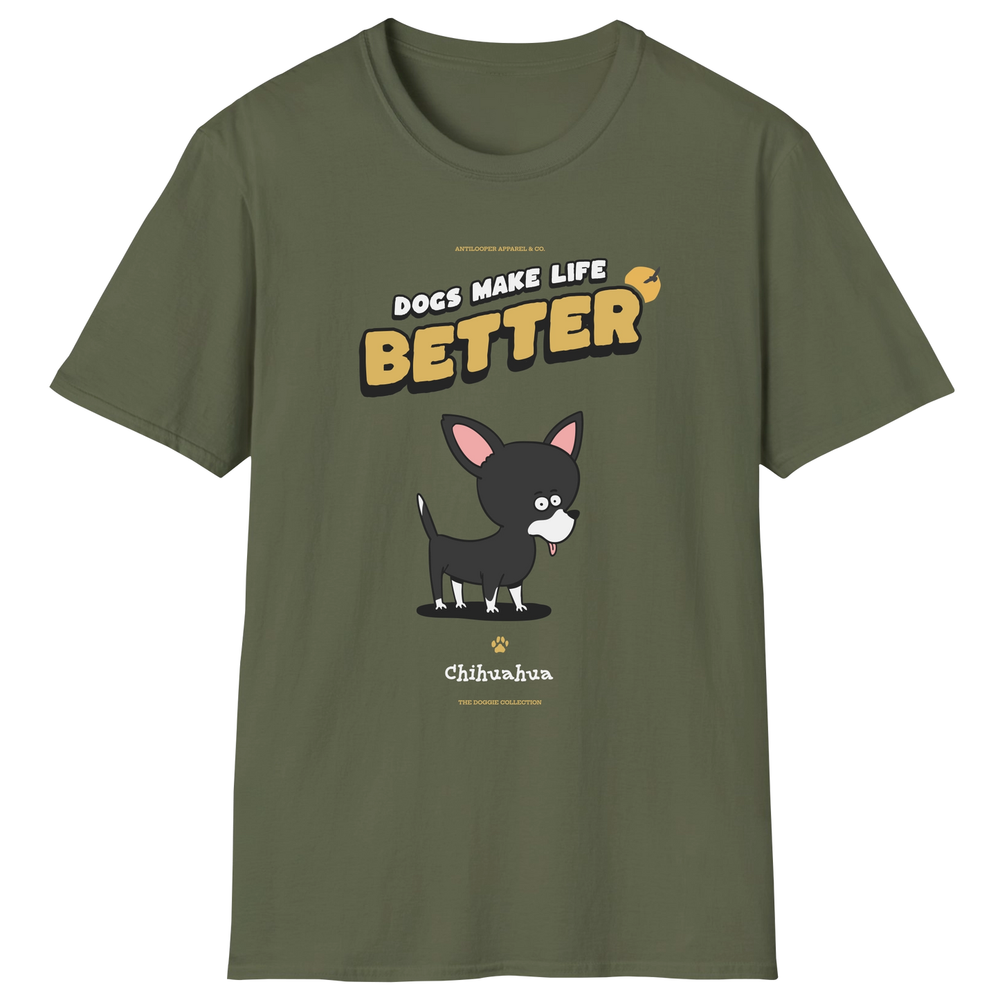 flatlay-doggie-chihuahua+apple_head-t_shirt-military_green