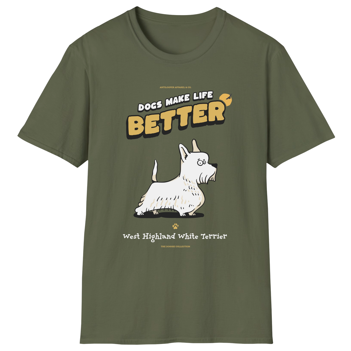 flatlay-doggie-west_highland_white_terrier-t_shirt-military_green