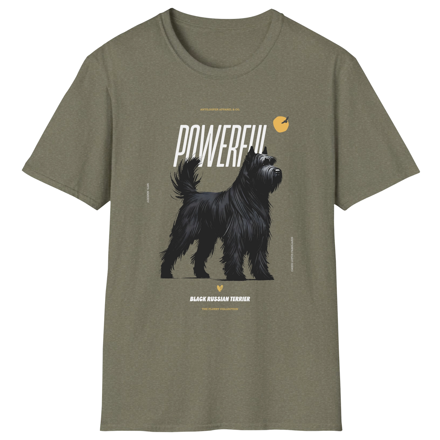 flatlay-flurry-black_russian_terrier-t_shirt-heather_military_green