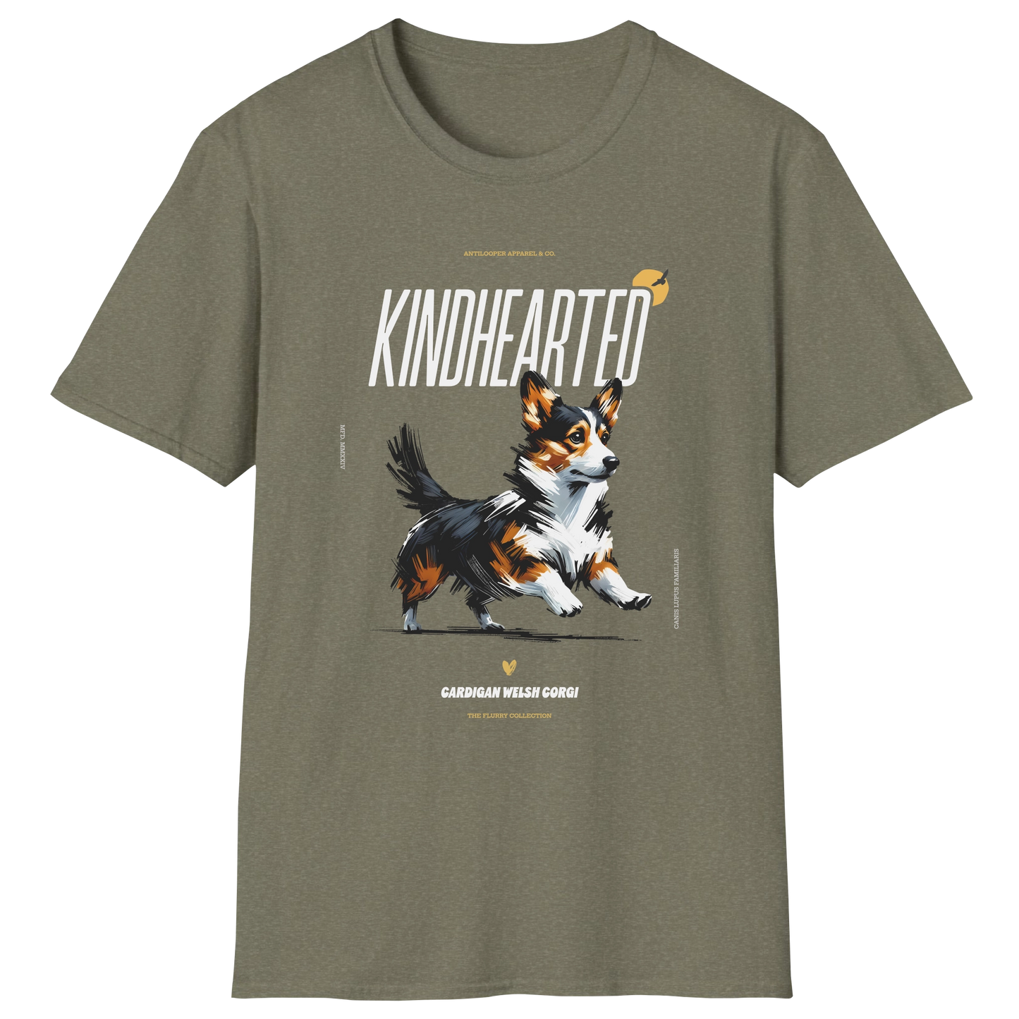 flatlay-flurry-cardigan_welsh_corgi-t_shirt-heather_military_green