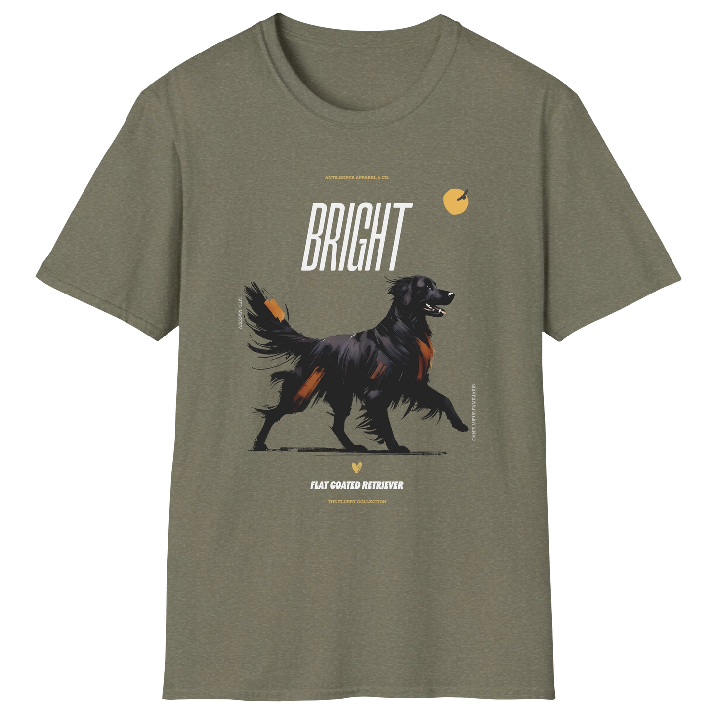 flatlay-flurry-flat_coated_retriever-t_shirt-heather_military_green