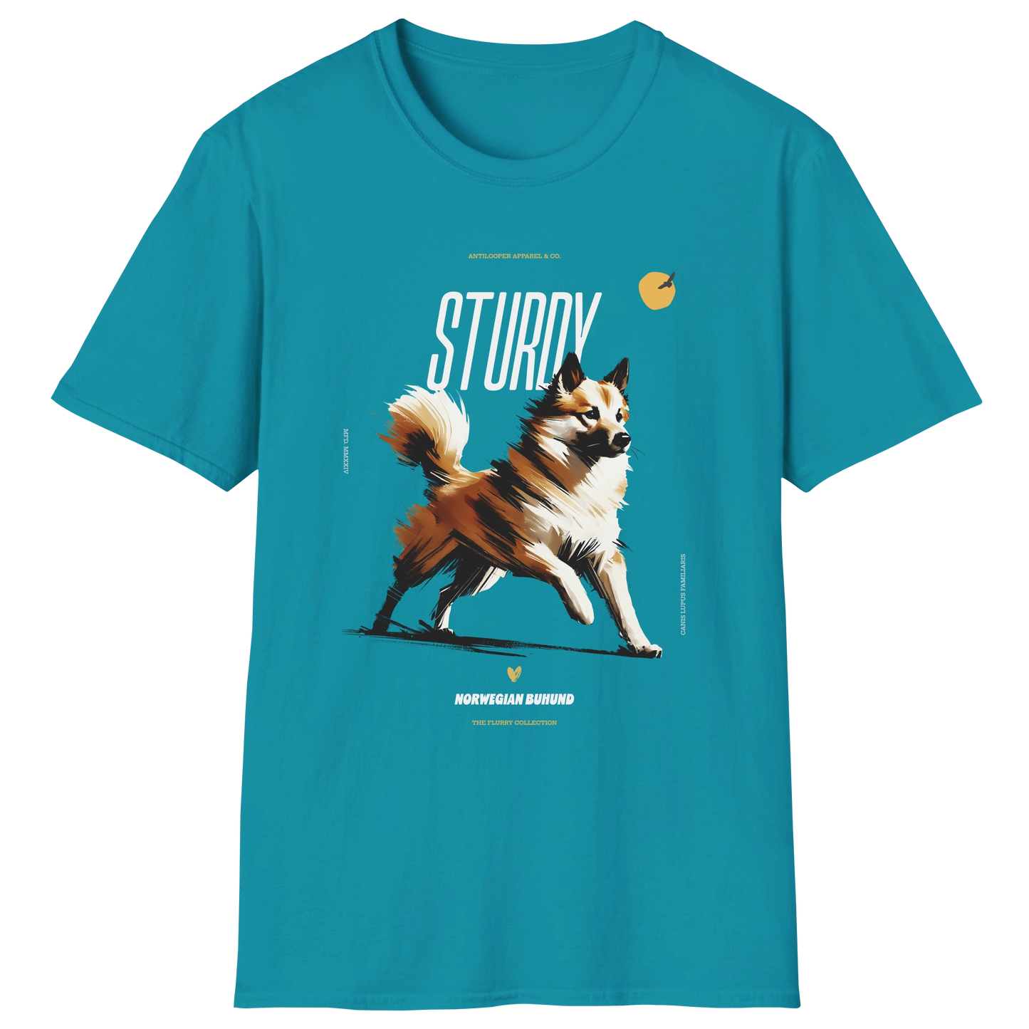 flatlay-flurry-norwegian_buhund-t_shirt-tropical_blue