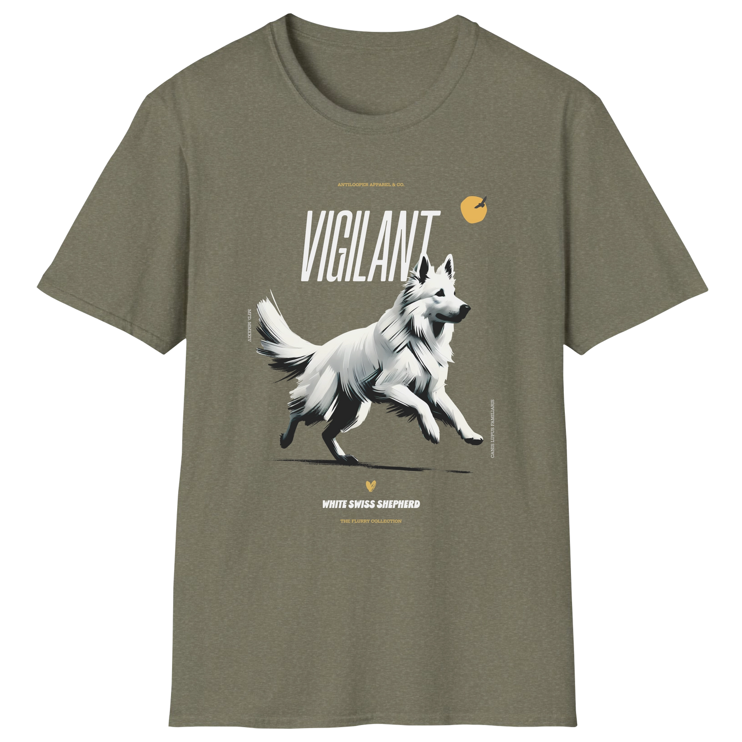 flatlay-flurry-white_swiss_shepherd-t_shirt-heather_military_green