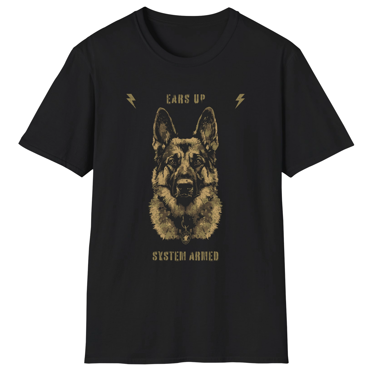 flatlay-german_shepherd-ears_up_system_armed-t_shirt-black