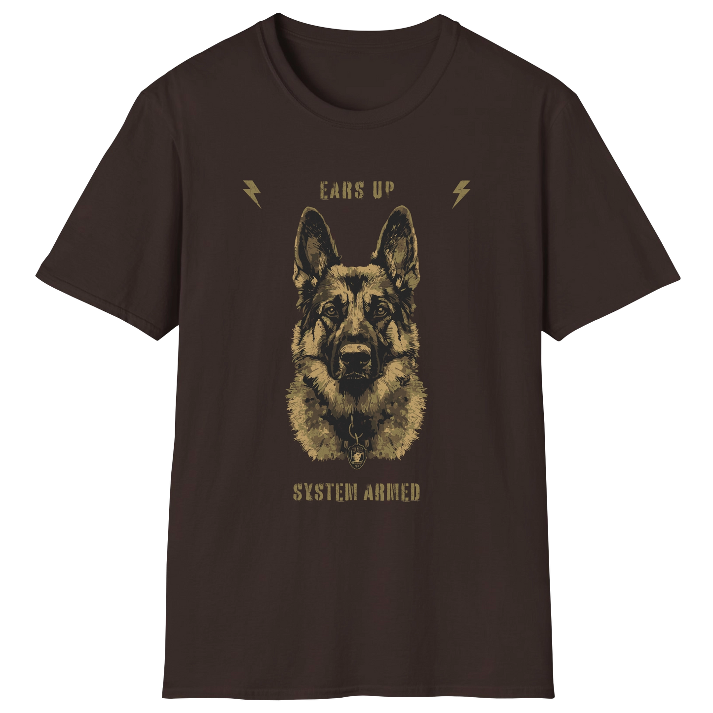 flatlay-german_shepherd-ears_up_system_armed-t_shirt-dark_chocolate