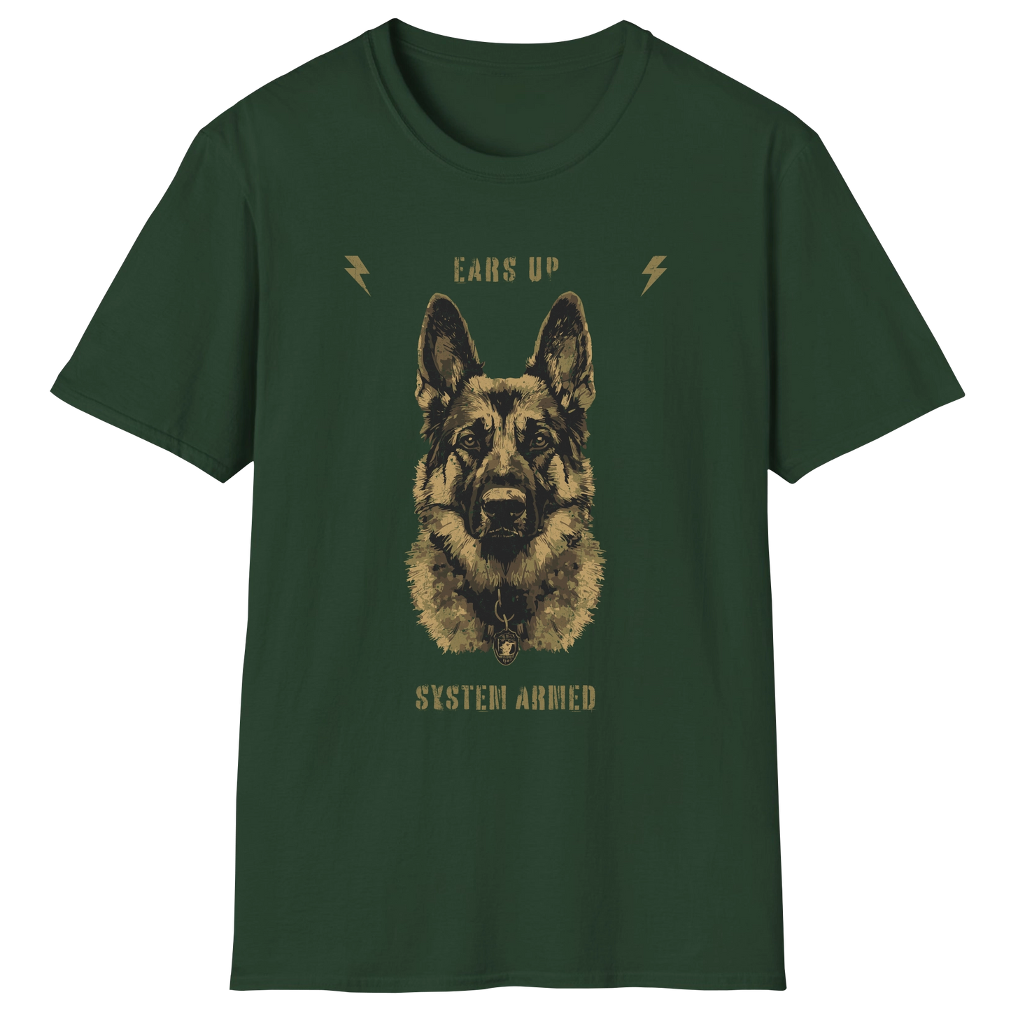 flatlay-german_shepherd-ears_up_system_armed-t_shirt-forest_green