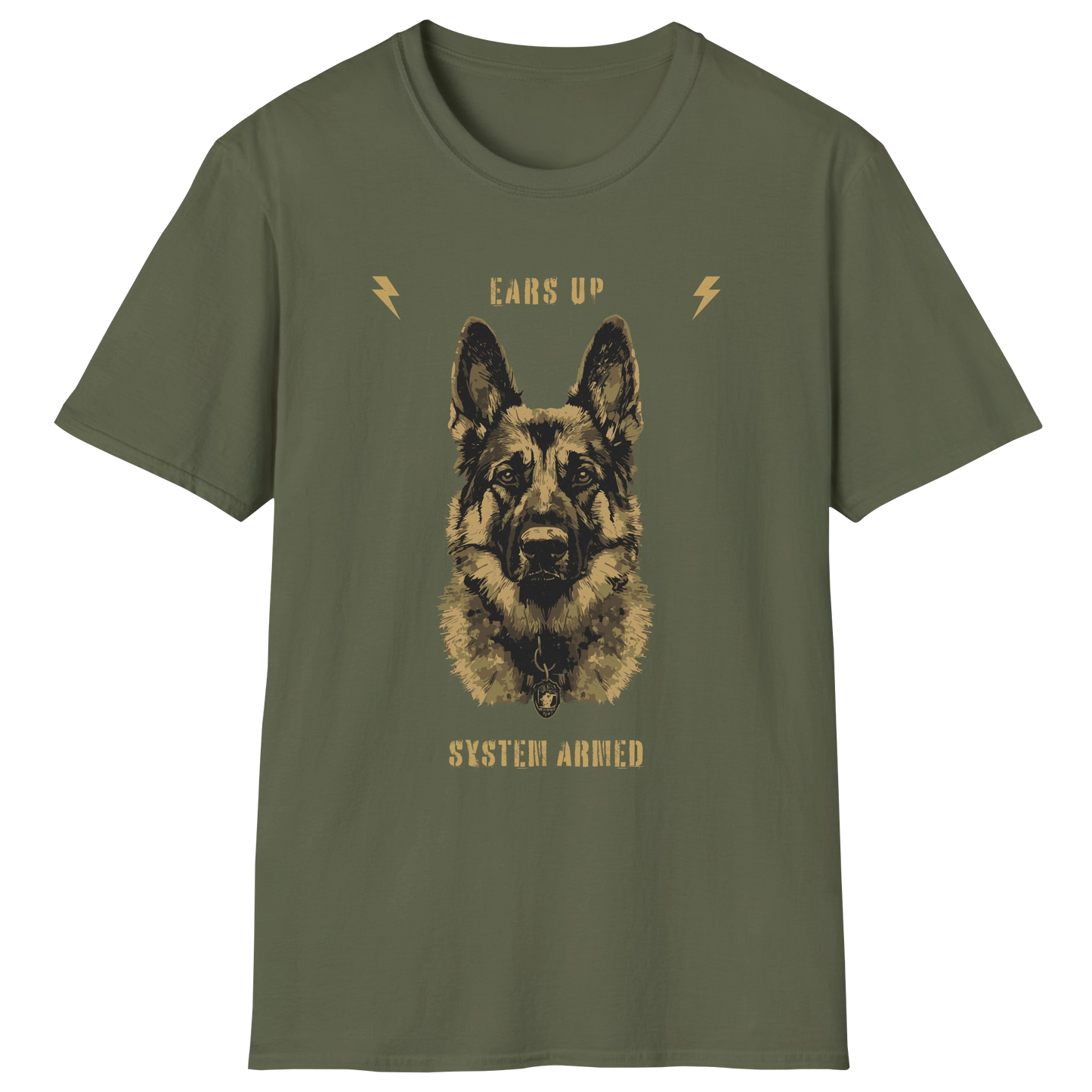 flatlay-german_shepherd-ears_up_system_armed-t_shirt-military_green