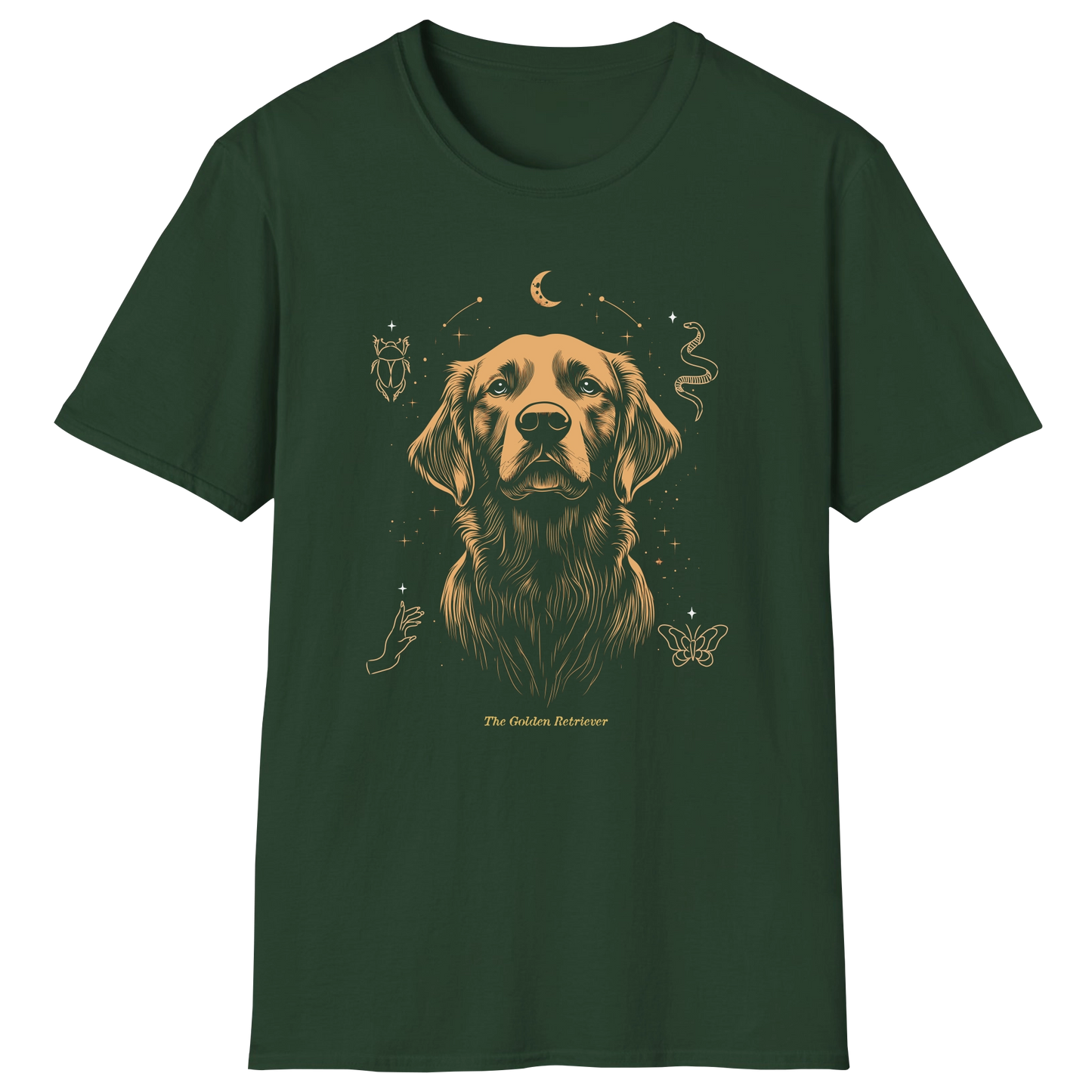 flatlay-golden_retriever-celestial_protector-t_shirt-forest_green