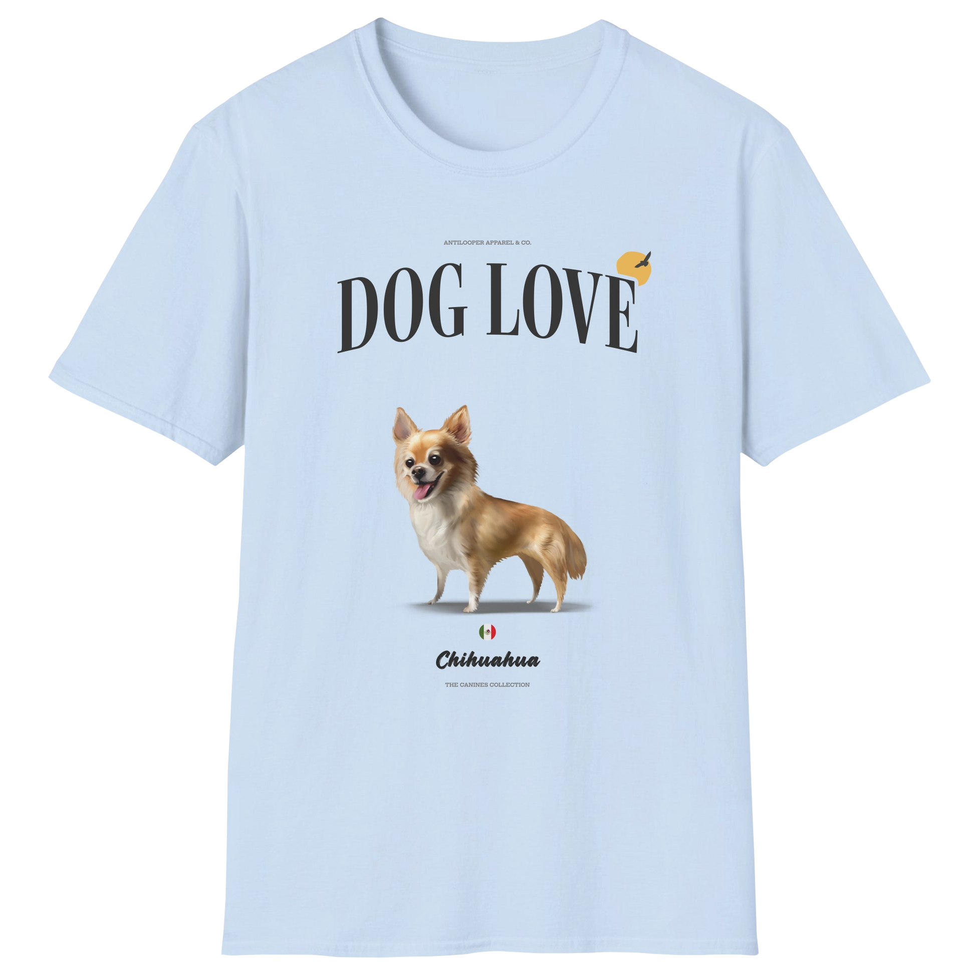 flatlay-canines-chihuahua+deer_head-fawn_white-long_coat-dog_love-t_shirt-light_blue