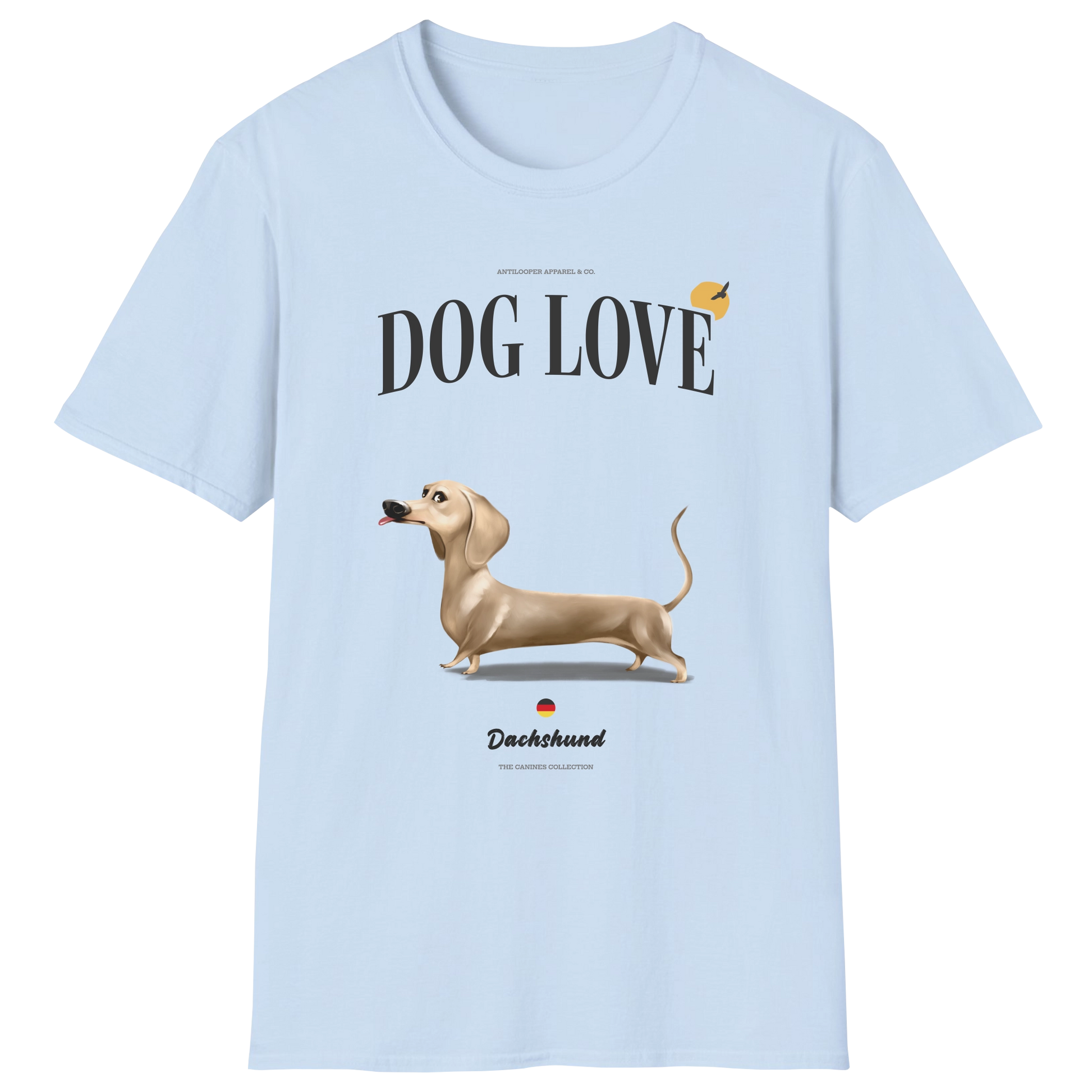 flatlay-canines-dachshund-cream-short_haired-dog_love-t_shirt-light_blue