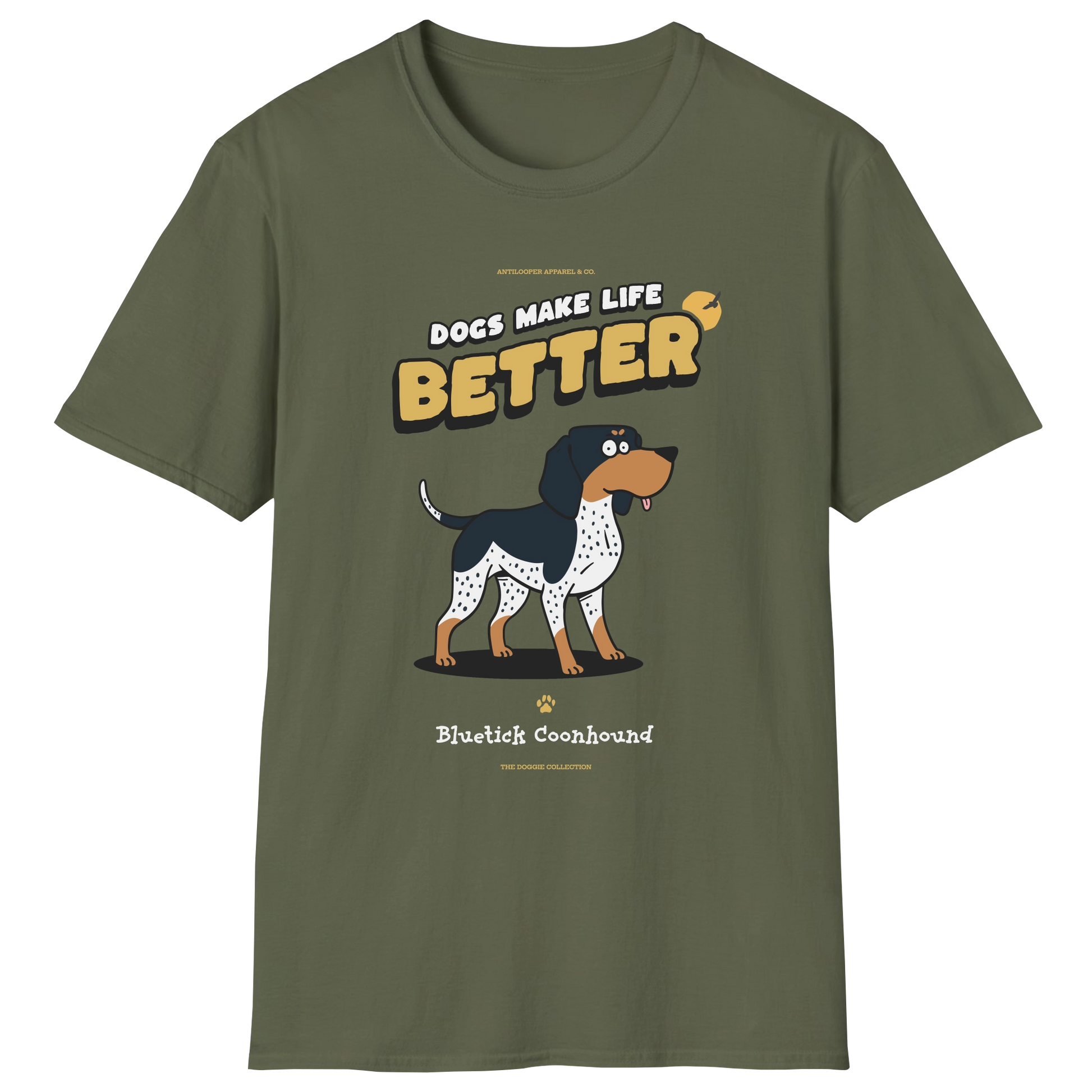 flatlay-doggie-bluetick_coonhound-t_shirt-military_green