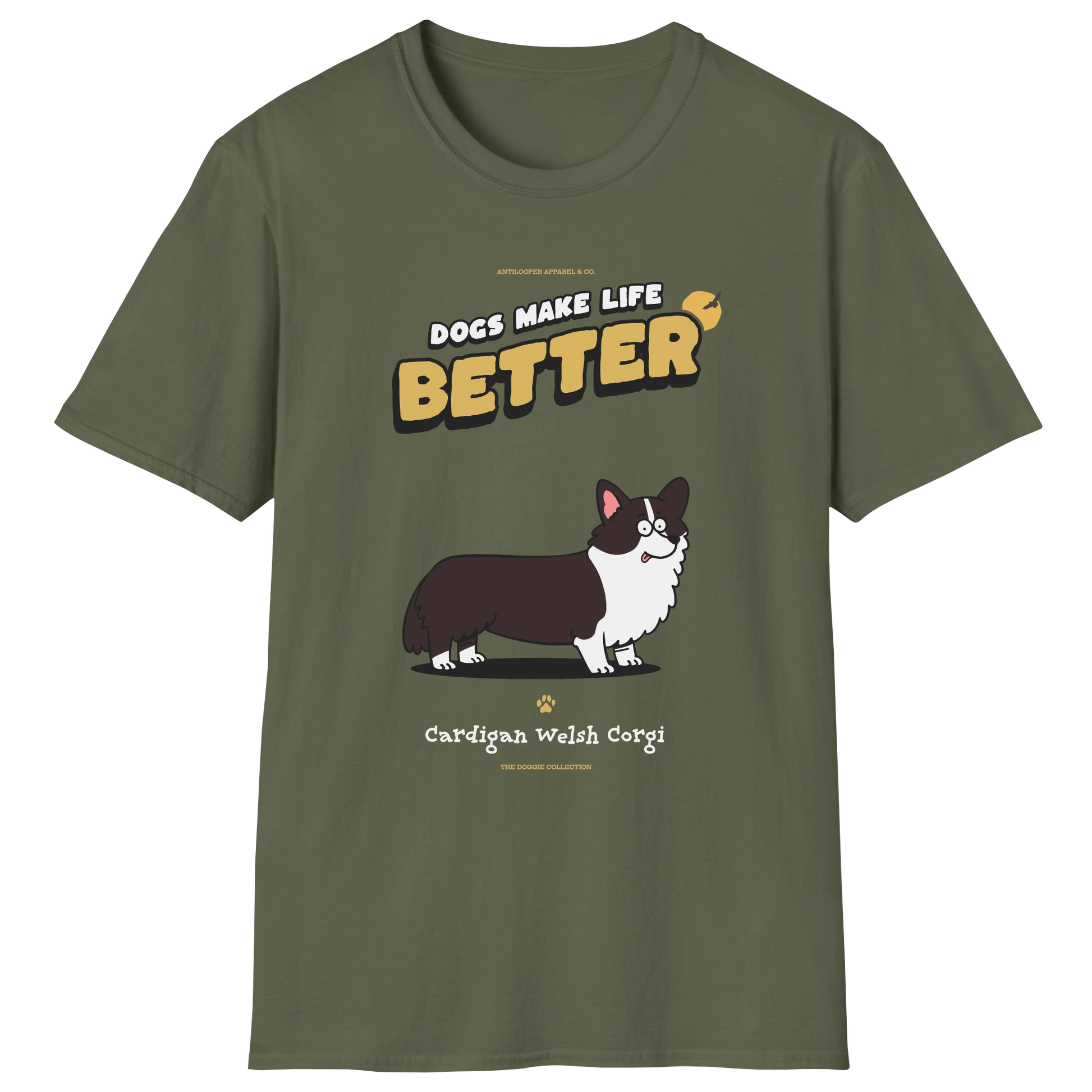 flatlay-doggie-cardigan_welsh_corgi-t_shirt-military_green