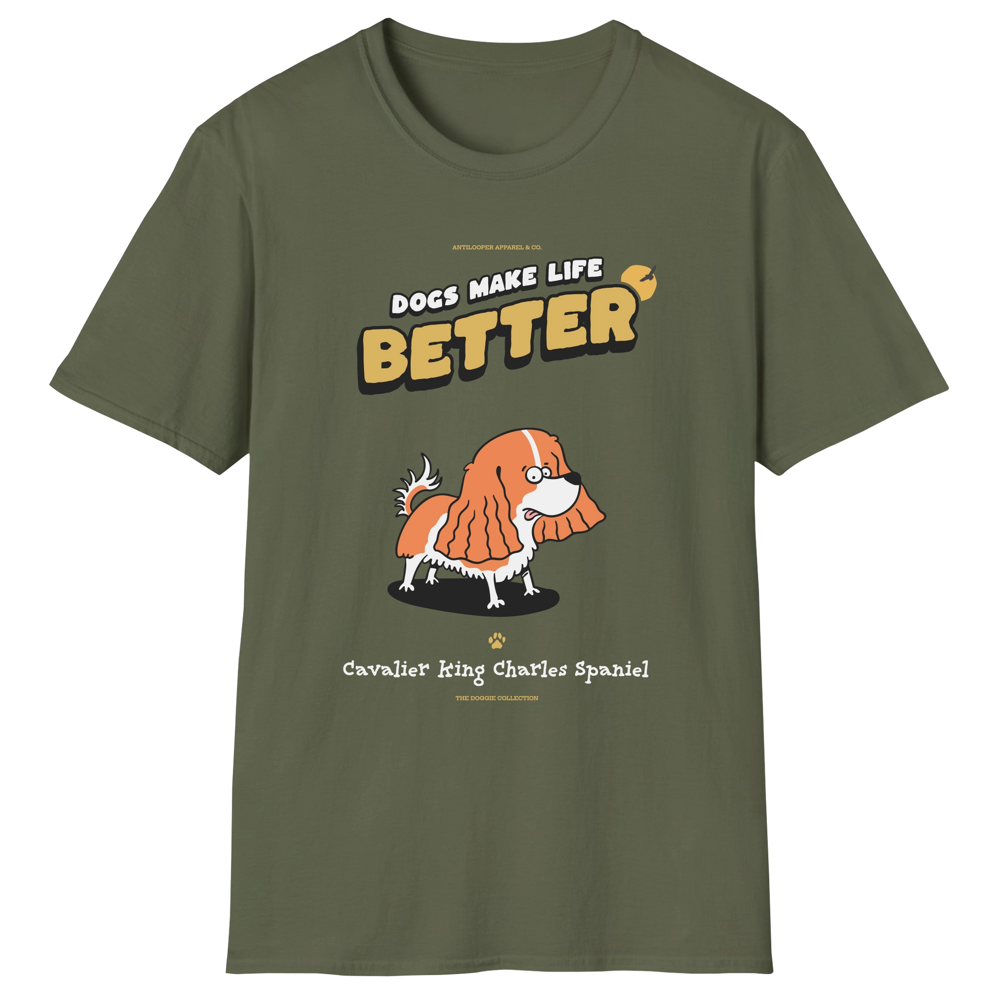 flatlay-doggie-cavalier_king_charles_spaniel-t_shirt-military_green