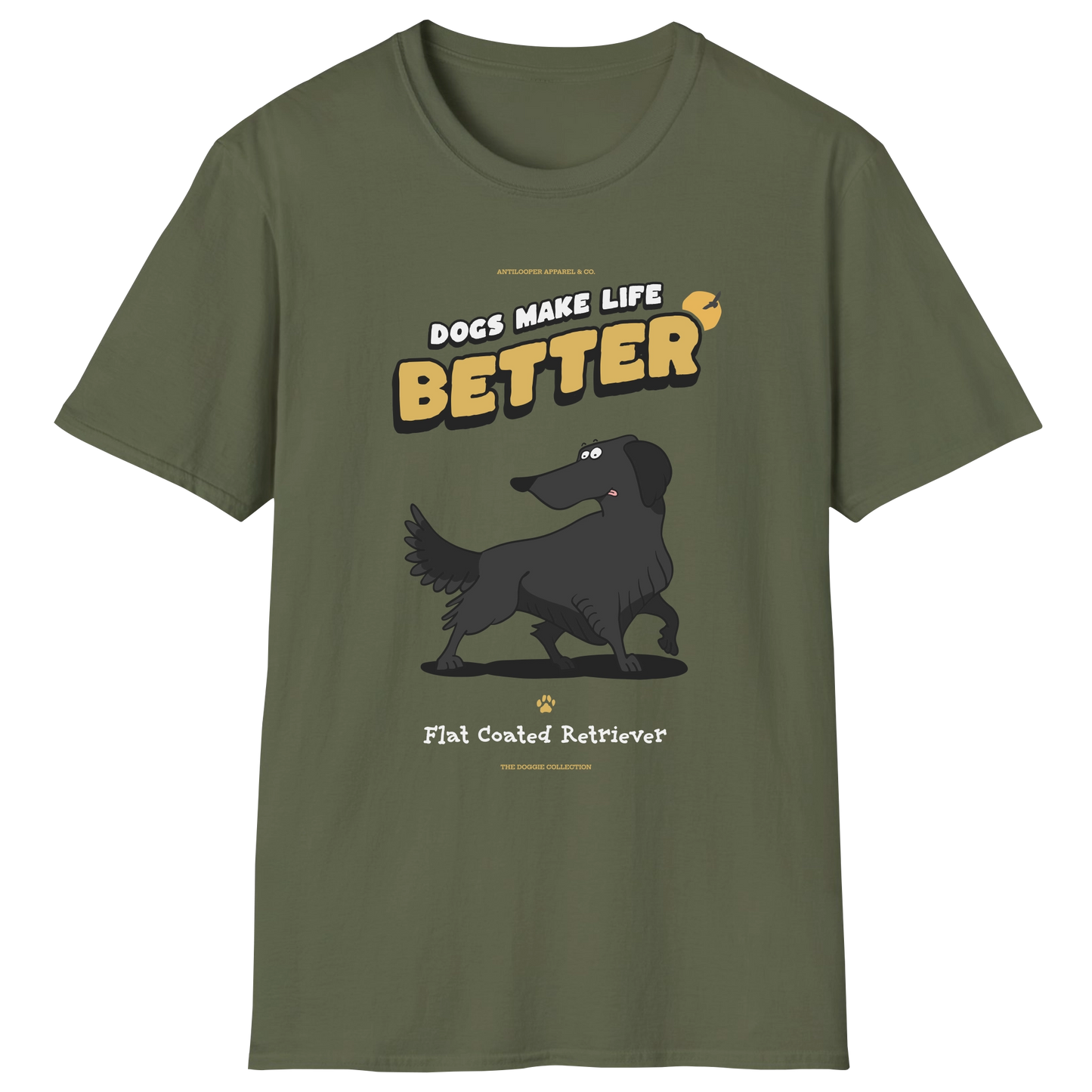 flatlay-doggie-flat_coated_retriever-t_shirt-military_green