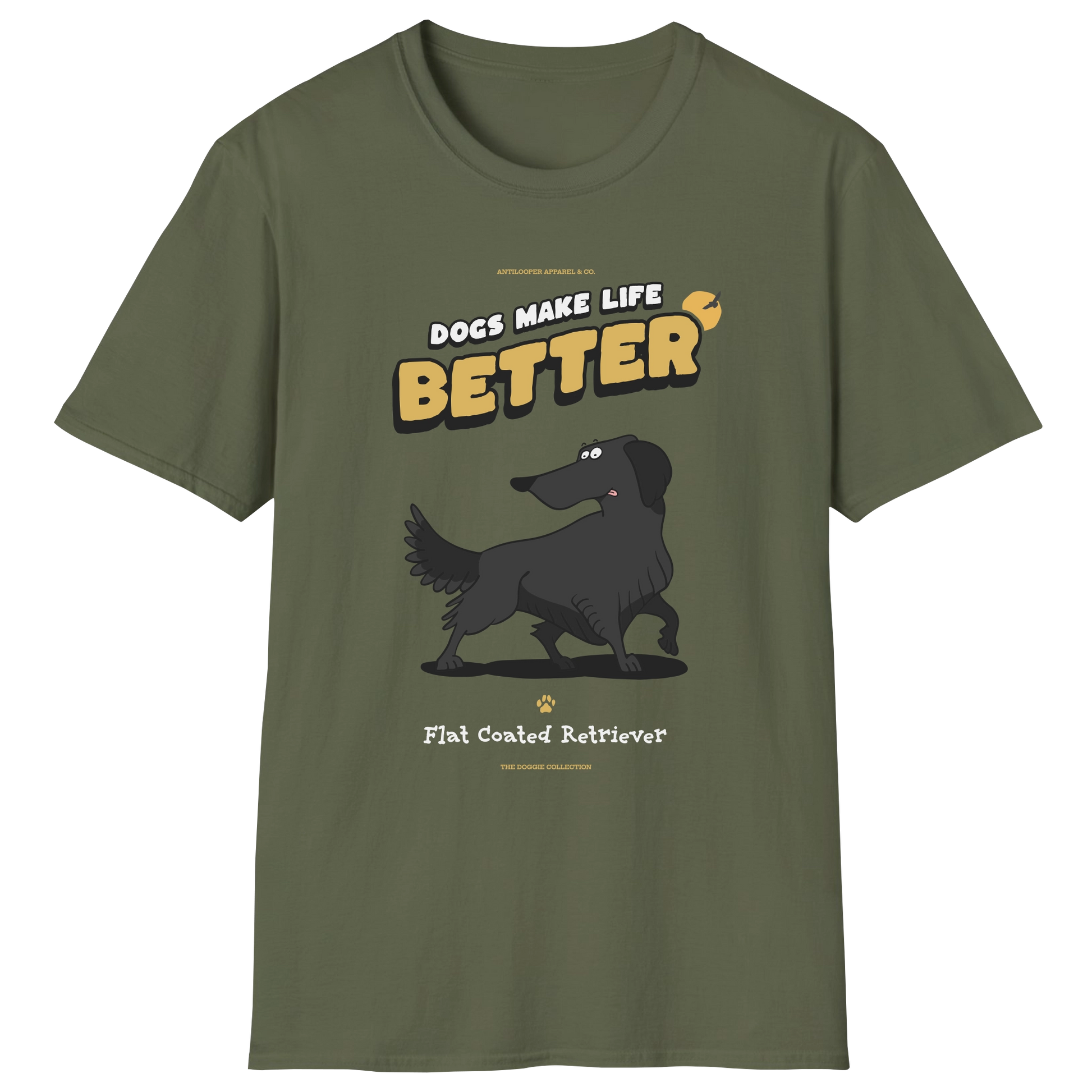 flatlay-doggie-flat_coated_retriever-t_shirt-military_green
