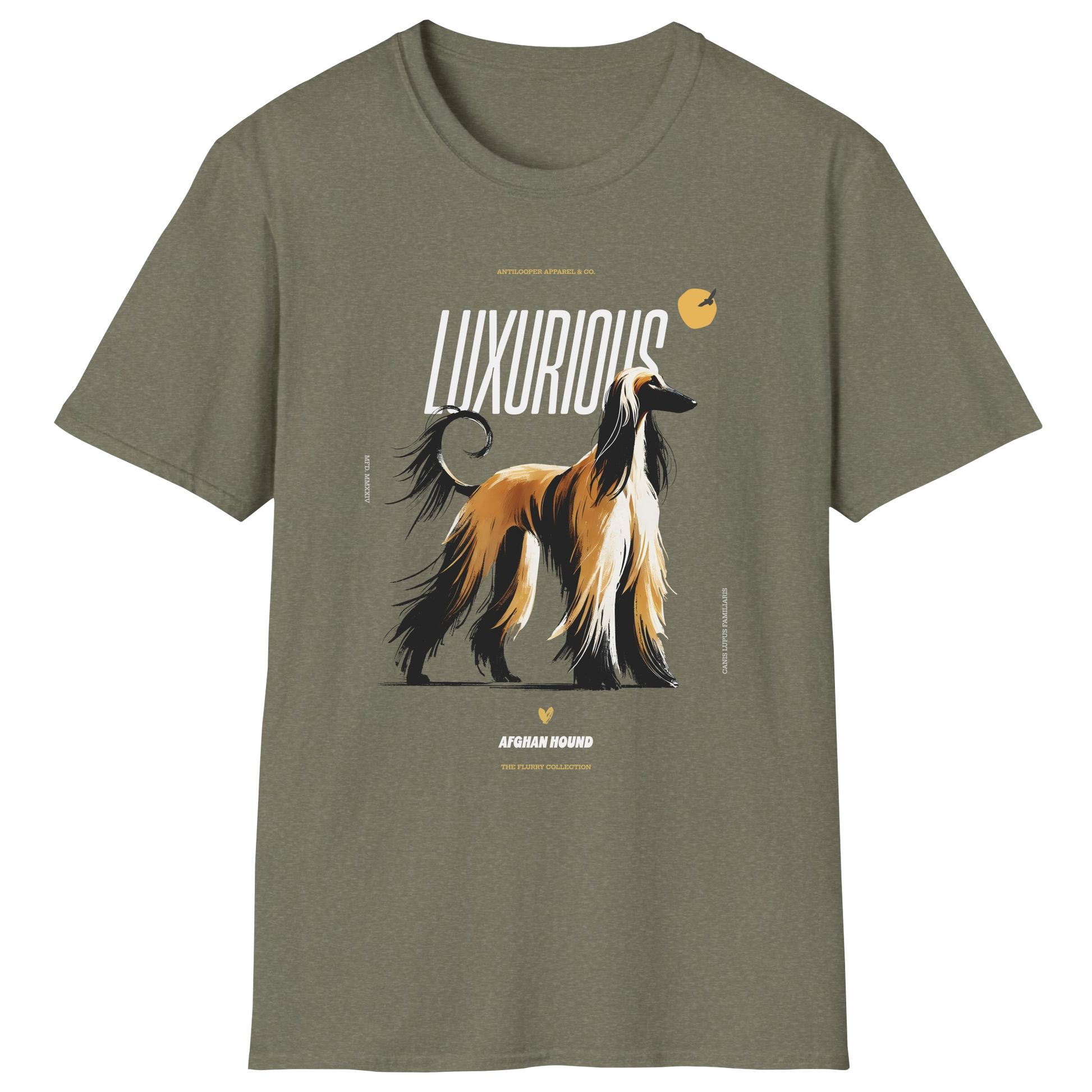 flatlay-flurry-afghan_hound-t_shirt-heather_military_green