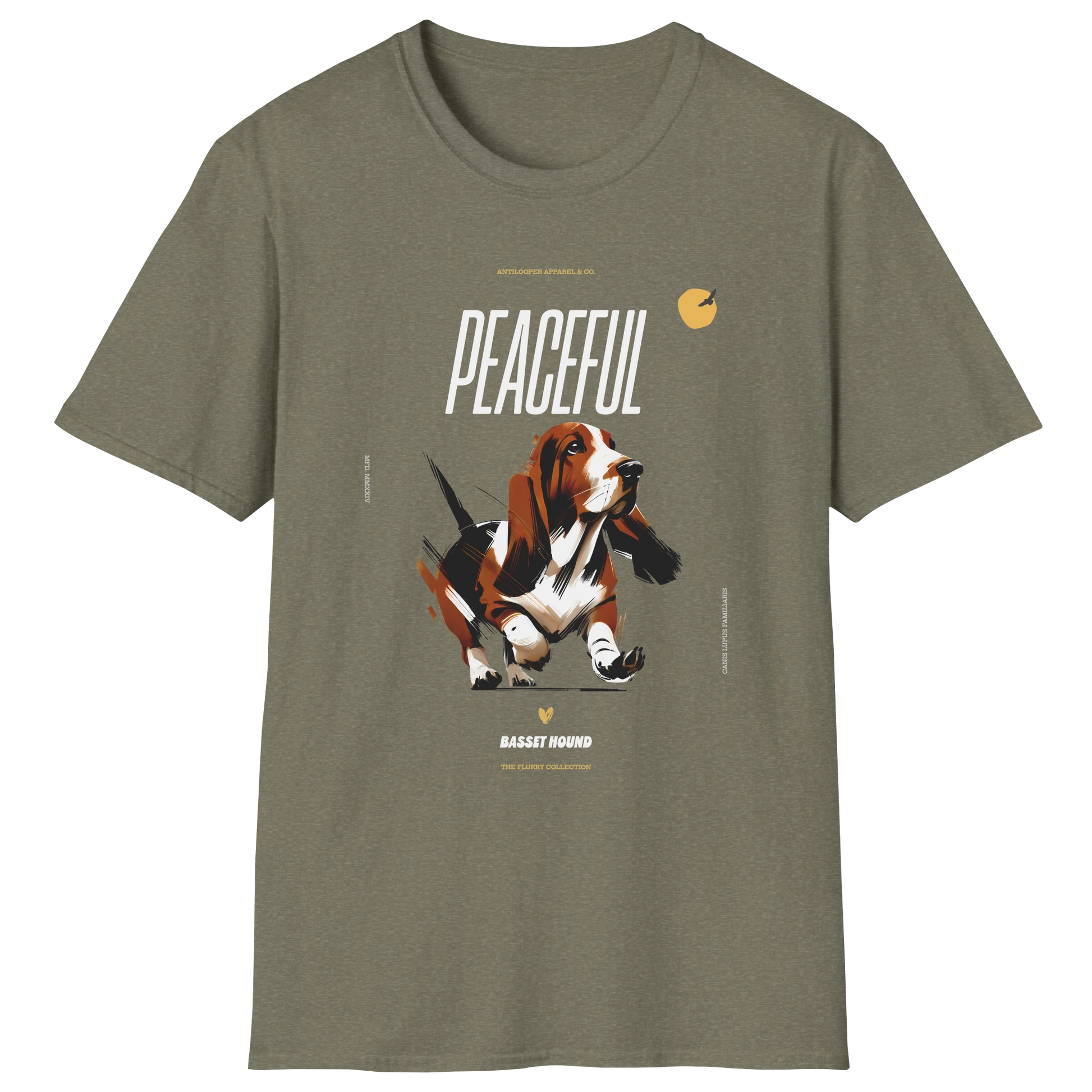 flatlay-flurry-basset_hound-t_shirt-heather_military_green