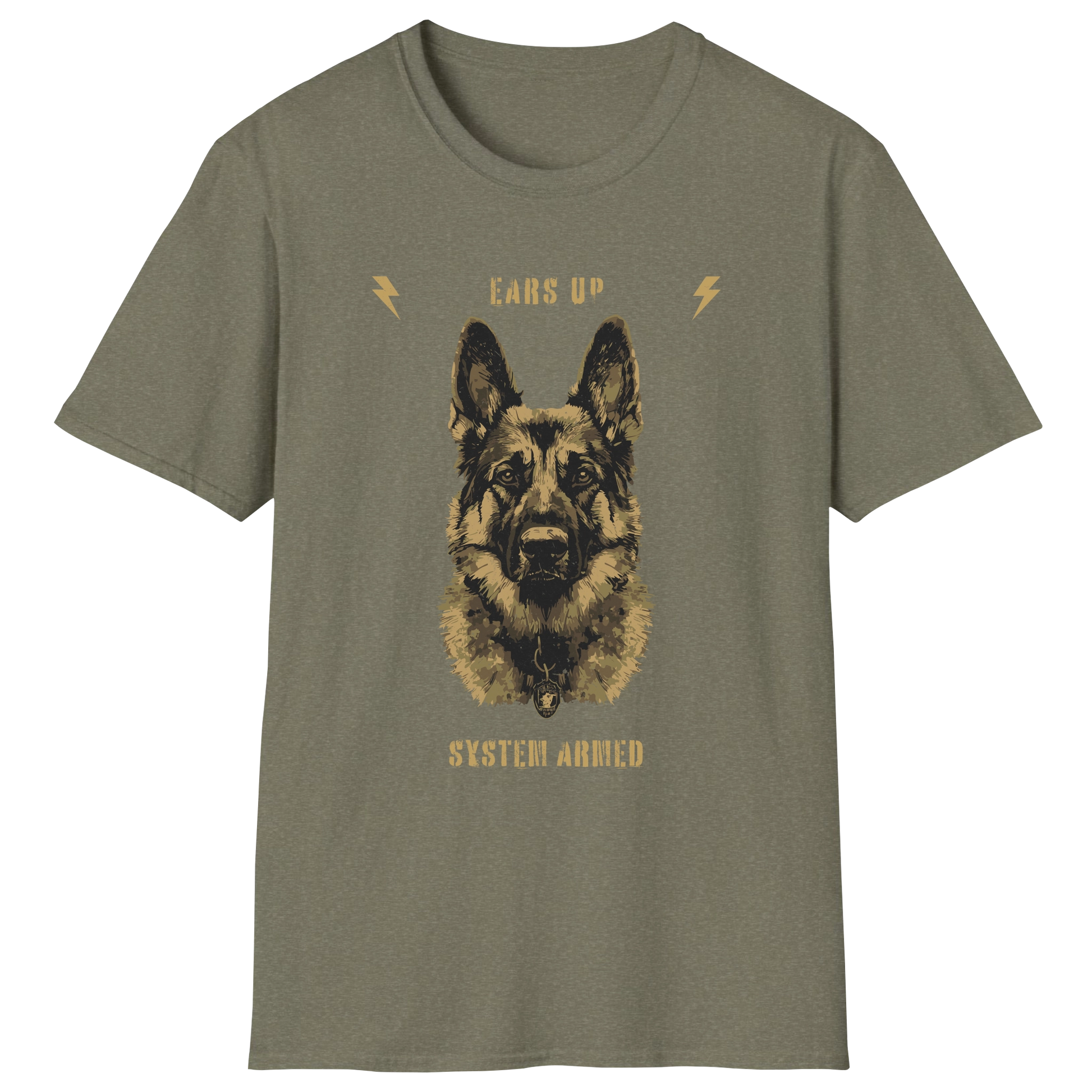 flatlay-german_shepherd-ears_up_system_armed-t_shirt-heather_military_green
