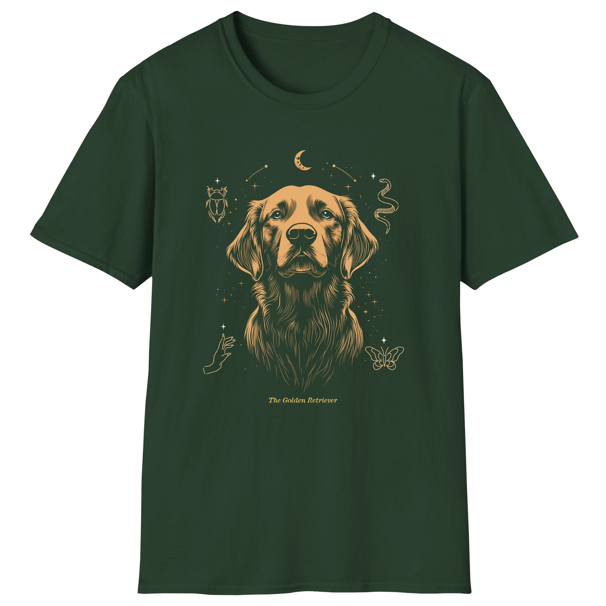 flatlay-golden_retriever-celestial_protector-t_shirt-forest_green