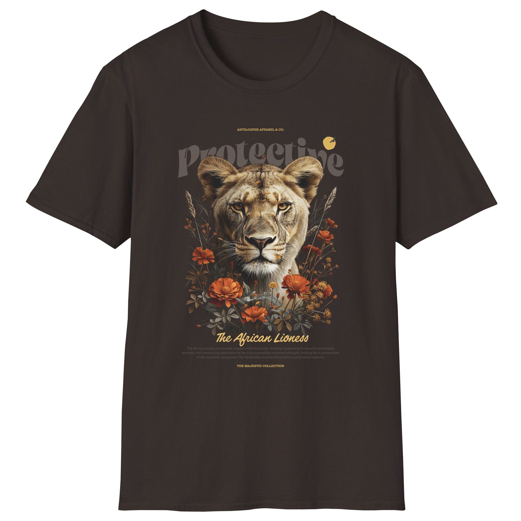 flatlay-majestic-african_lioness-t_shirt-dark_chocolate